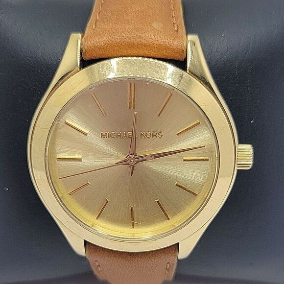Michael Kors MK3427 Women's Leather Analog Gold Dial Quartz Wrist Watch BC847 - Picture 1 of 10